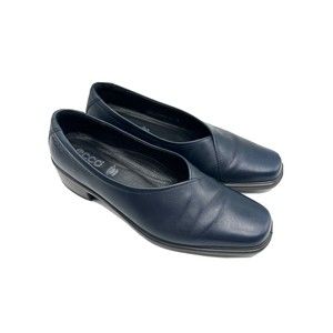 Ecco Womens 41 Loafers Leather Slip On Navy Block Heel Casual Career Square Toe